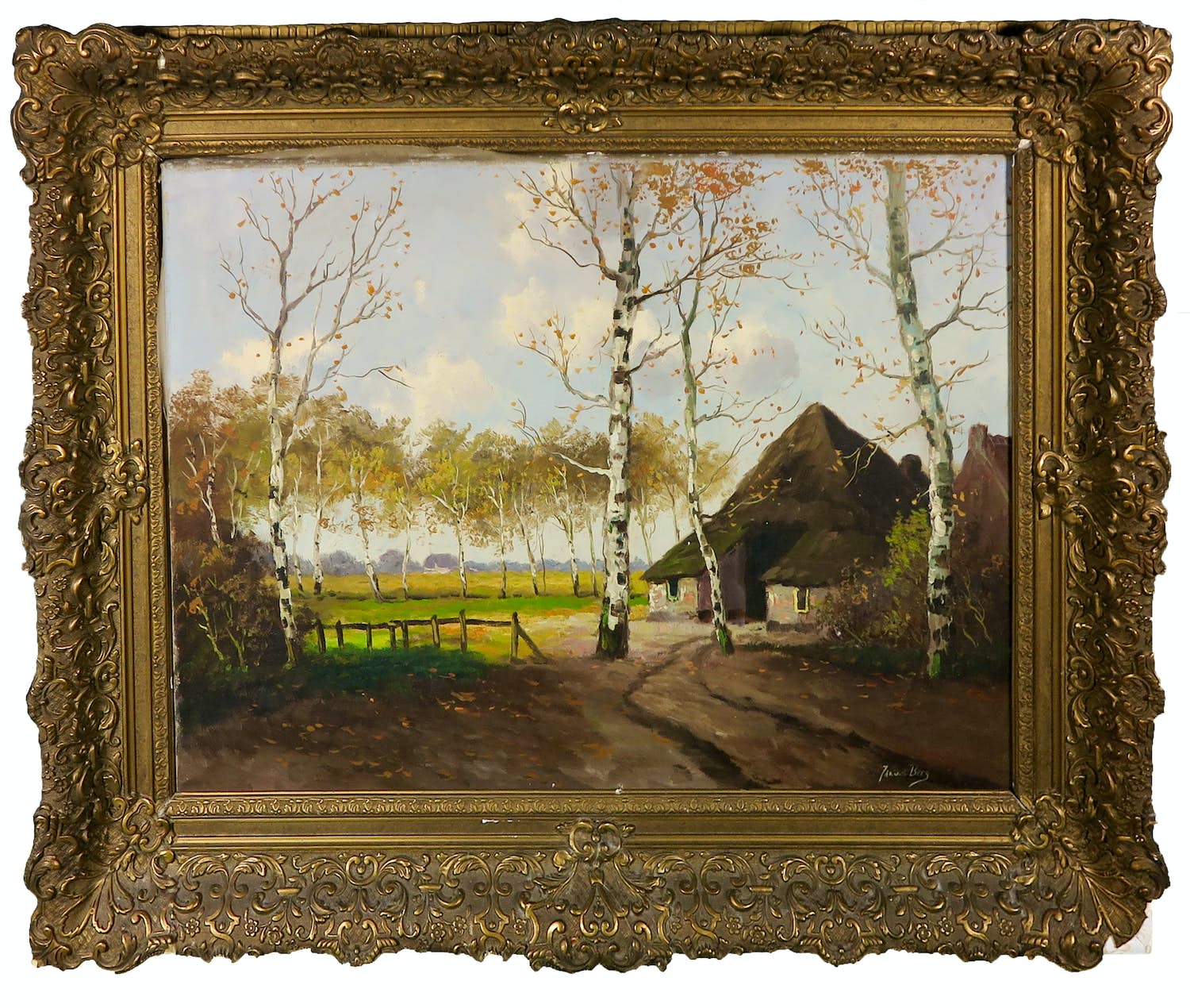 Niet of onleesbaar gesigneerd - Olieverf op doek, Berkenbomen bij een boerderij - Ingelijst kopen? Bied vanaf 1!