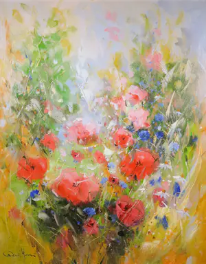 Rob de Haan - Olieverf op doek, Zomerberm met klaprozen - Ingelijst kopen? Bied vanaf 70!