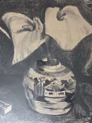 Piet van Wijngaerdt - Aronskelken in gemberpot. Prachtig ingelijst. kopen? Bied vanaf 199!