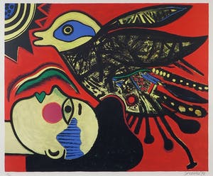 Corneille - Zeefdruk, Femme à l'oiseau - Ingelijst kopen? Bied vanaf 200!