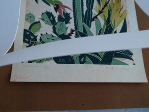 Jeanne Bieruma Oosting - Ingelijste linoleumsnede , ‘Exotische tuin’ – 1957 kopen? Bied vanaf 75!