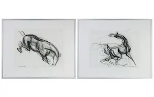 Jon Gardella - Set van twee werken - Houtskool op papier, Paarden - Ingelijst kopen? Bied vanaf 60!