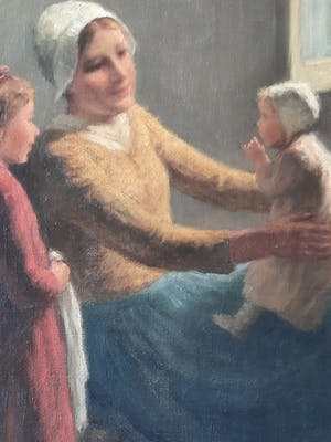 Henri Heyligers - vrouw met kinderen in boereninterieur kopen? Bied vanaf 400!