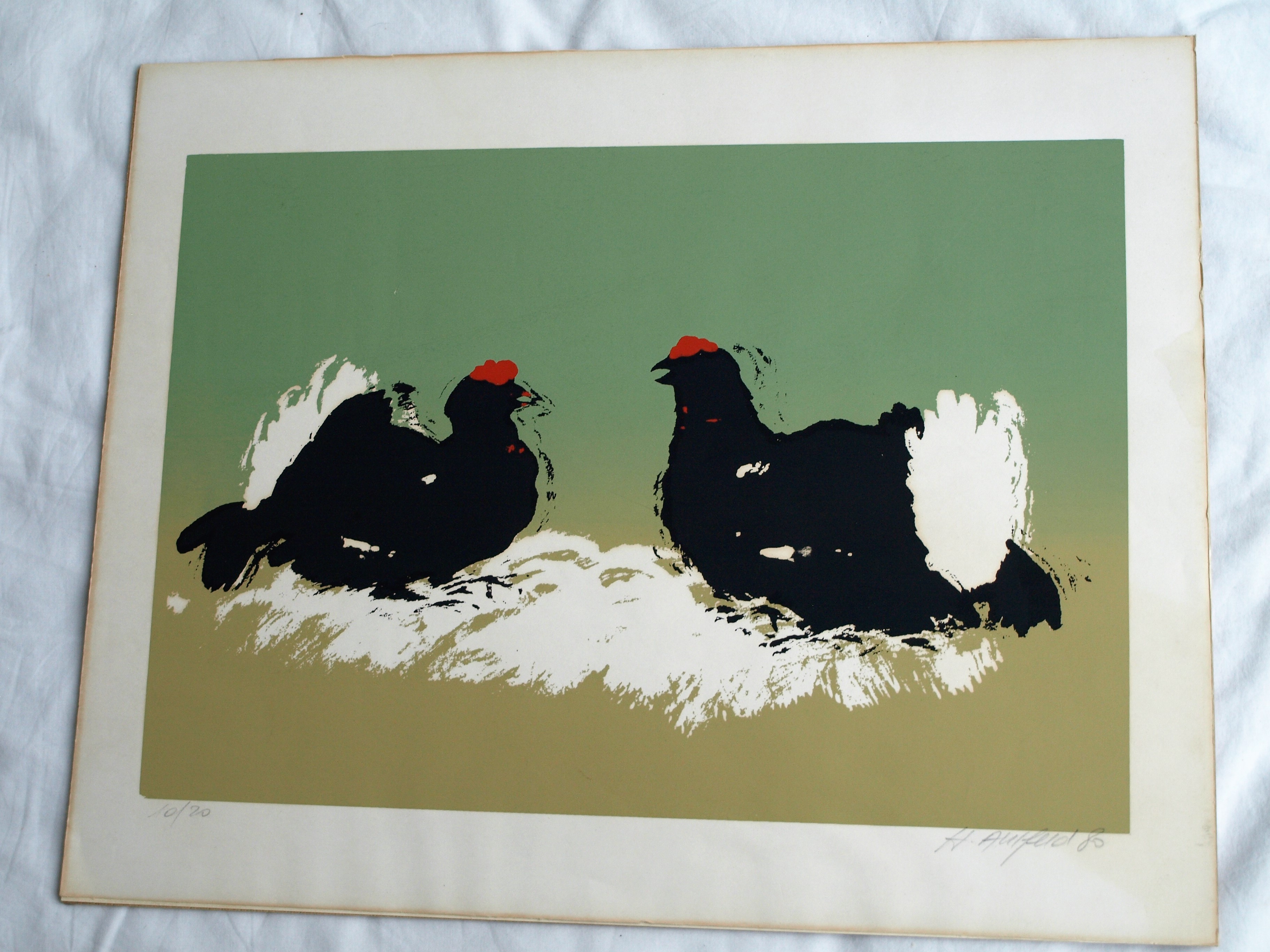 Niet of onleesbaar gesigneerd - Zeefdruk , 2 Zwarte kippen – gesigneerd – 1980 – oplage 10/20 kopen? Bied vanaf 1!