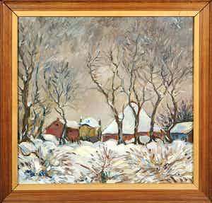 Jan Dekker - Olieverf op hardboard, Boerderij Winter, Ingelijst verkocht voor € 1!