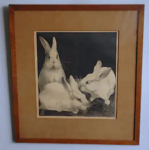 Jan Schonk - steendruk konijnen - ingelijst kopen? Bied vanaf 75!