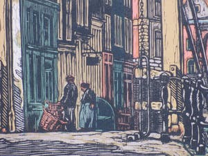 Wilm Wouters - Hollandse stad met ophaalbrug en figuren - Kleurenhoutsnede kopen? Bied vanaf 40!