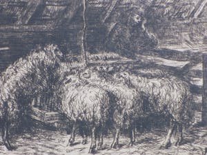 Jacoba de Graaff - Boer met schapen in de stal - Ets kopen? Bied vanaf 1!