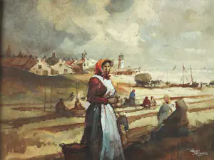 Reint de Jonge - Aquarel - Vissersdorp in de Branding kopen? Bied vanaf 125!