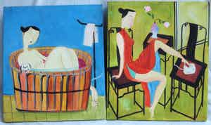 Niet of onleesbaar gesigneerd - 2x Acrylverf op doek, “Japanse (?) vrouw met hond en kat” verkocht voor € 1!