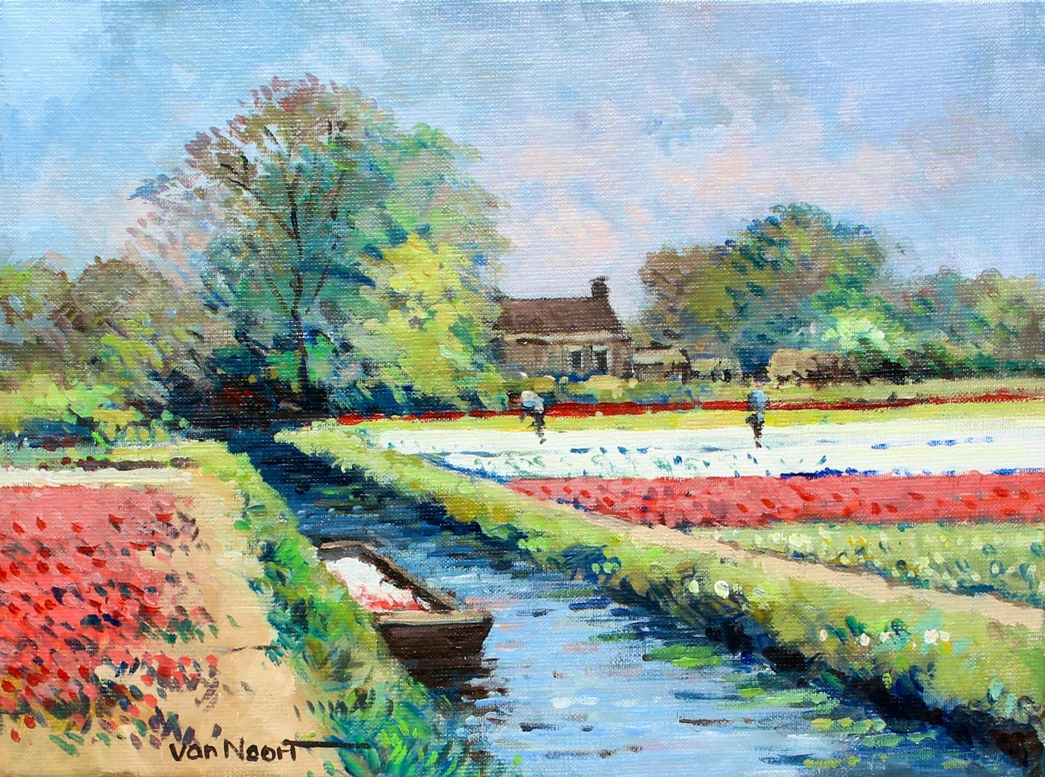 Alexander van Noort - olieverf op doek: bollenvelden bij Heemstede (nette lijst!) verkocht voor € 299!