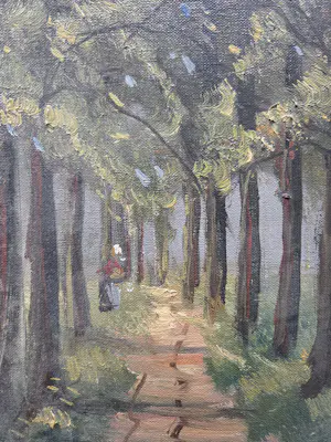 Jan Kelderman - Bosgezicht met vrouw. Zonnig laantje. Putten. kopen? Bied vanaf 20!