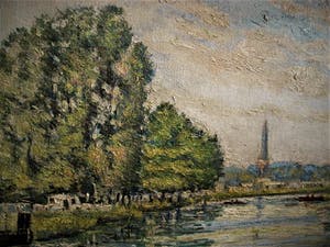 Niet of onleesbaar gesigneerd - gesigneerd Olieverf - Zomer a/d Vliet met Voorschoten op achtergrond kopen? Bied vanaf 1!