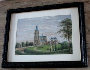 Henri Knip - Pastelkrijt tekening: Kerk en pastorie te Hedel kopen? Bied vanaf 2500!