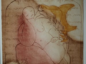 Ludy van Huffel - Ets, droge naald en aquatint , “Vrouw met kikkers” – 75 x 60 cm kopen? Bied vanaf 35!