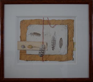 Ria Tensen-Kooy - Aquarel - Vier veertjes, droogbloem, schelp - Ingelijst kopen? Bied vanaf 70!