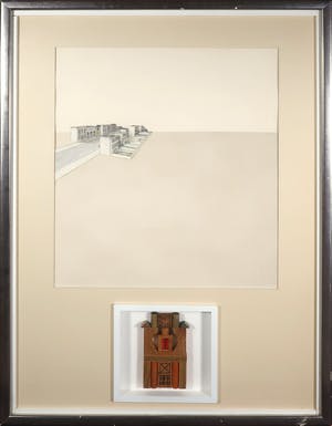 Jeroen Henneman - Tekening en hout assemblage, Gezicht op een straat - Ingelijst (Groot) kopen? Bied vanaf 600!