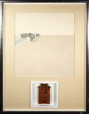 Jeroen Henneman - Tekening en hout assemblage, Gezicht op een straat - Ingelijst (Groot) verkocht voor € 600!