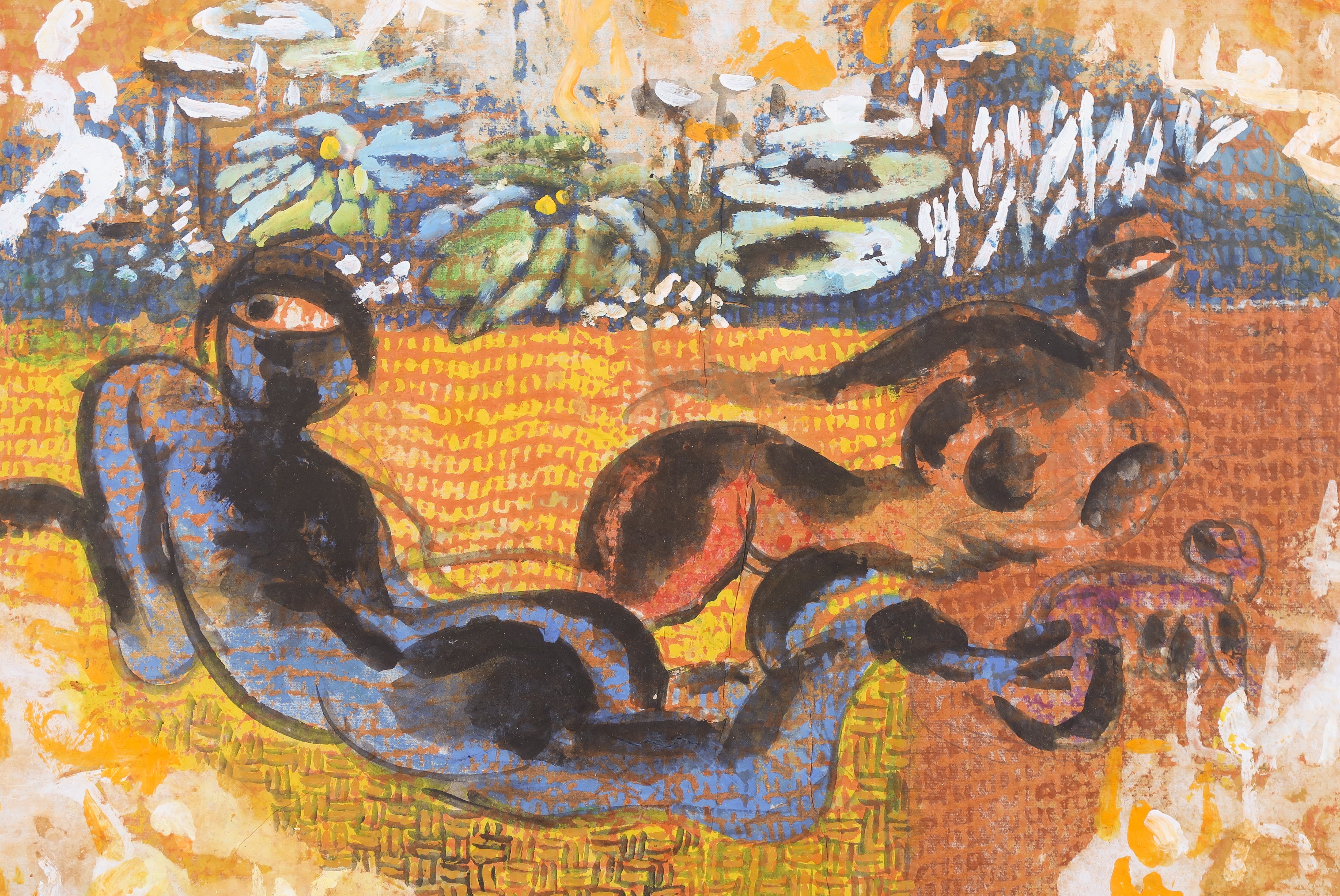 Niet of onleesbaar gesigneerd - Gouache op geschept papier, Twee figuren - Ingelijst kopen? Bied vanaf 1!