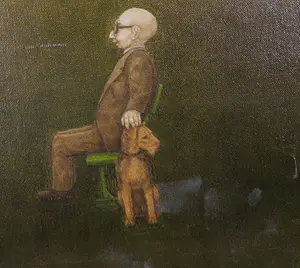 Jan Duinker - Olieverf op doek, Man op stoel met hond - Ingelijst kopen? Bied vanaf 1!