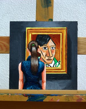 Gerard Boersma - Self Portrait Picasso (Vrouw kijkend naar zelfportret van Picasso) kopen? Bied vanaf 75!