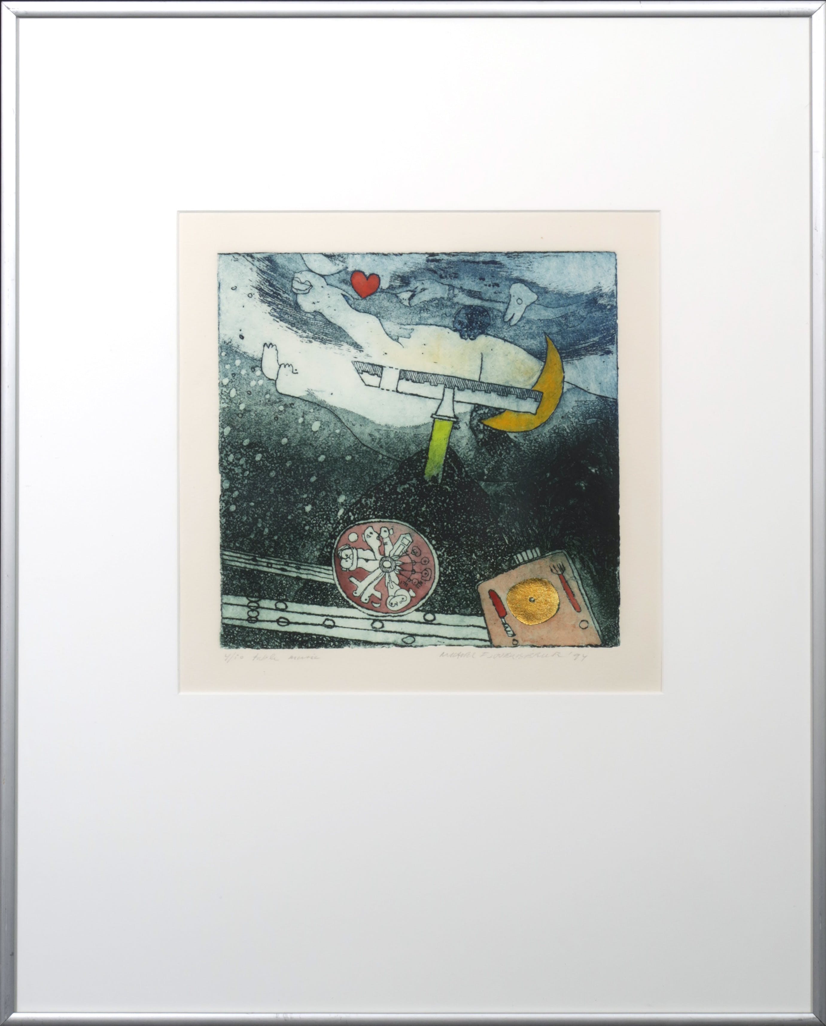 Michel van Overbeeke - Handbewerkte ets, Table music - Ingelijst verkocht voor € 50!