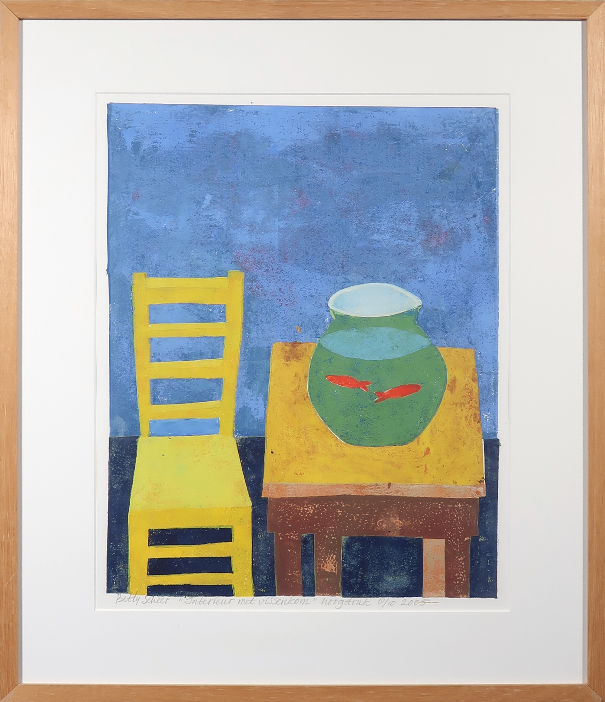 Betty Scheer - Linosnede, Interieur met vissenkom - Ingelijst verkocht voor € 35!
