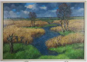 Harmen Klaas Post - Olieverf op paneel, Rietvelden a/d Lek - Ingelijst kopen? Bied vanaf 150!