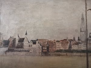 Niet of onleesbaar gesigneerd - Zicht op de jachthaven van Antwerpen met historisch stadscentrum op achtergrond kopen? Bied vanaf 1!