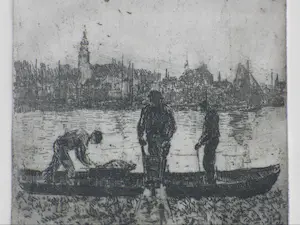 Martin van Waning - Lossende havenarbeiders - Ets kopen? Bied vanaf 1!