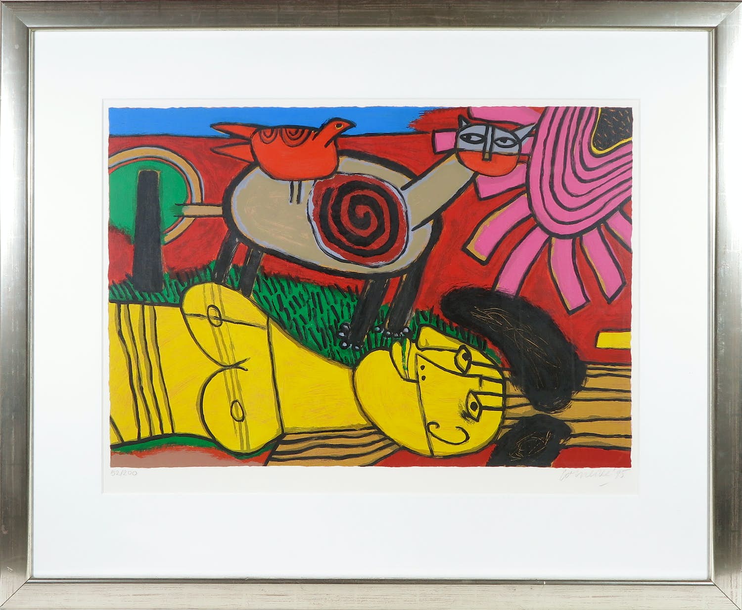 Corneille - Zeefdruk, Vrouw met kat en vogel verkocht voor € 250!