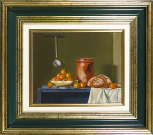 L. Javier Cornejo - Olieverf op hardboard, Stilleven met mandarijnen en brood kopen? Bied vanaf 150!