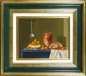 L. Javier Cornejo - Olieverf op hardboard, Stilleven met mandarijnen en brood verkocht voor € 150!
