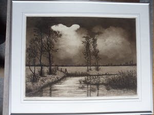 Cor van der Woerd - Ets, Titel, "Stemming". kopen? Bied vanaf 35!