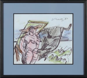 Corneille - Oostindische inkt en pastel, Naakt aan zee - Ingelijst kopen? Bied vanaf 900!