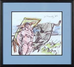 Corneille - Oostindische inkt en pastel, Naakt aan zee - Ingelijst verkocht voor € 900!