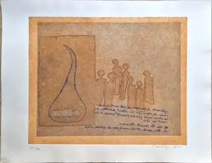 Jan Montyn - Kleurenets: 'Compositie met figuren en tekst' (1975). kopen? Bied vanaf 50!