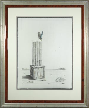 Wim Mast de Gooijer - Potlood, Zonder titel (Zuil met vogel en muziekboek) - Ingelijst kopen? Bied vanaf 100!