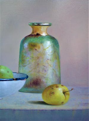 Hans Habraken - Stilleven oude fles en emaillen schaal appels kopen? Bied vanaf 450!