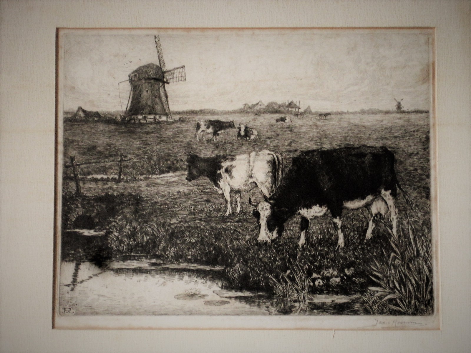 Jacob van Rossum - gesigneerde ets "Koeien en Molen in Polderlandschap" kopen? Bied vanaf 1!