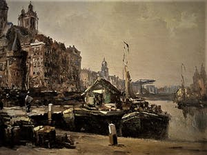 Arnout van Gilst - Fraai olieverf "Amsterdam PH Kade en Nicolaaskerk" mooie Heydenrijk lijst! kopen? Bied vanaf 140!