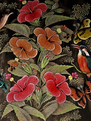 Niet of onleesbaar gesigneerd - Kleurrijk Aquarel Indonesië "Javaanse IJsvogel, Vlinders en Bloemen" gesigneerd kopen? Bied vanaf 10!