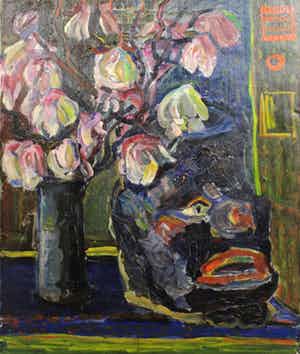 Hein van Schuppen - olieverf op doek - stilleven met vaas en bloemen en een masker verkocht voor € 39!