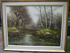 Hermanus Cornelis Hokken - Bosgezicht met wilgen, berken en eendjes -0lieverf- kopen? Bied vanaf 50!