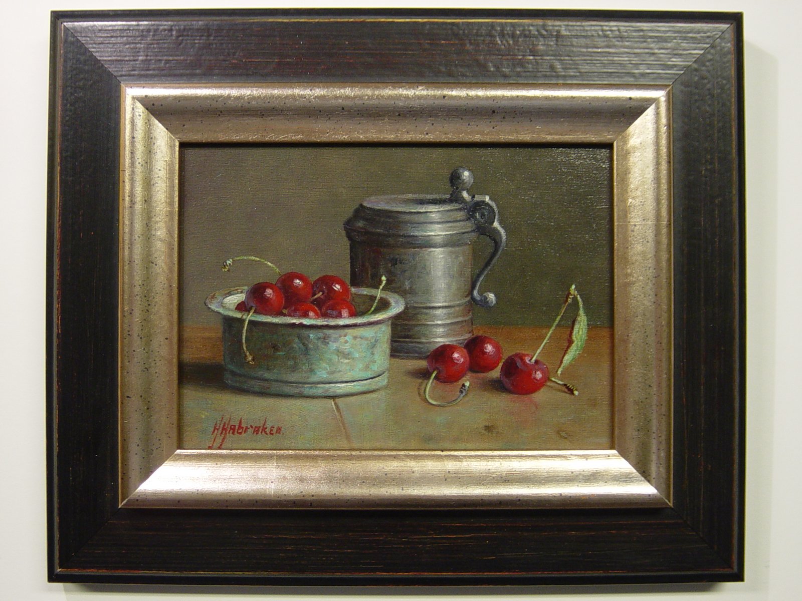 Hans Habraken - Stilleven met groene schaal, tinnen kan en kersen kopen? Bied vanaf 280!