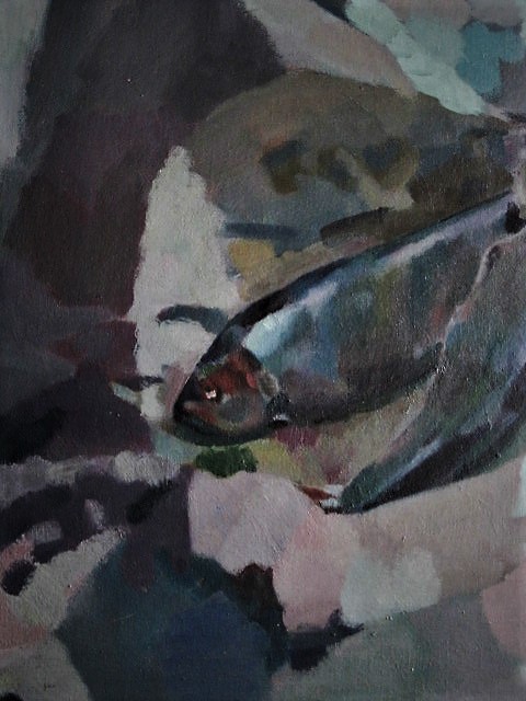 Niet of onleesbaar gesigneerd - Mooi expressionistisch olieverf "stilleven met makreel" gesigneerd kopen? Bied vanaf 1!