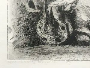 Hetty Heyster - witte neushoorn | zeldzame ets van gerenommeerd beeldhouwster - ingelijst kopen? Bied vanaf 40!
