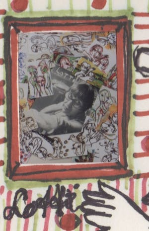 Lotti van der Gaag - gemengde techniek/collage op papier | 'Foto-zelfportret tussen tekeningen' | '92 kopen? Bied vanaf 300!