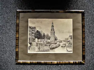 Niet of onleesbaar gesigneerd - Grote, fraai gedetailleerde Ets "Amsterdam en Montelbaanstoren" gesigneerd kopen? Bied vanaf 1!