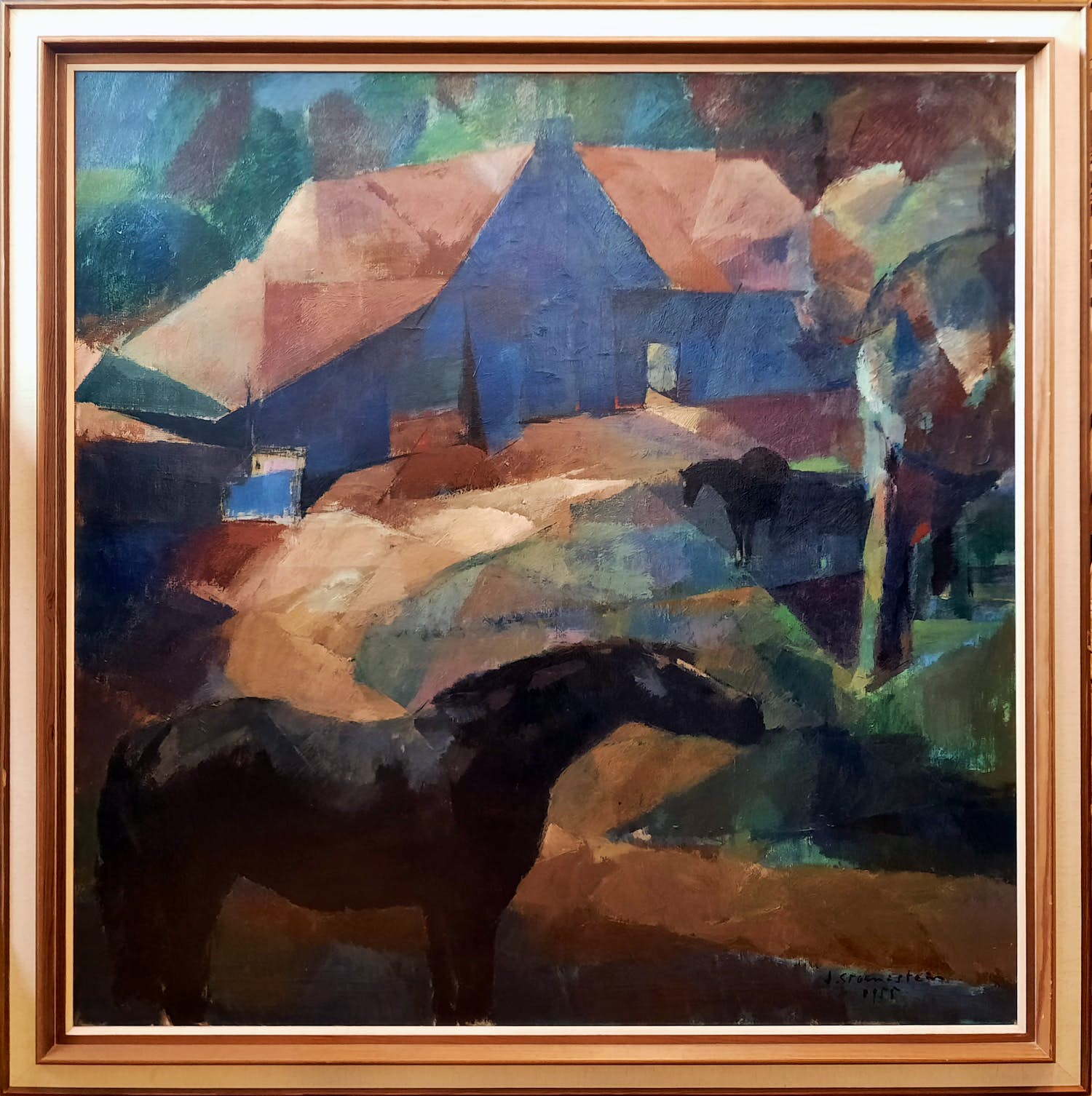 Jan Groenestein - GROOT olieverf op doek - Boerderij met Paarden - 323-B verkocht voor € 490!